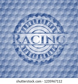 Racing blue badge with geometric background.