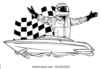 Racing boat. Top view. Vector illustration. Applique with realistic shadows.