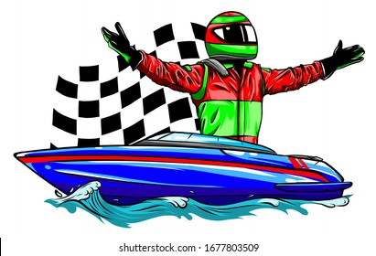 Racing boat. Top view. Vector illustration. Applique with realistic shadows.