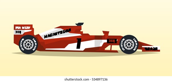 A racing bolid. Sport car. Quick transport. Powerful engine. Aerodynamic body. Tape off stickers of sponsors, inscriptions. Side view, isolated on background. 