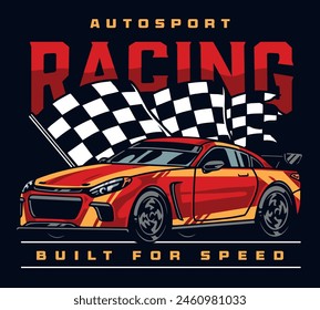 Racing bullite vintage poster colorful car with daring design for and finishing flag for cover automobiles simulator games vector illustration