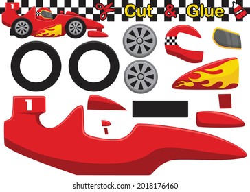 Racing car cartoon. Education paper game for children. Cutout and gluing. Vector cartoon illustration