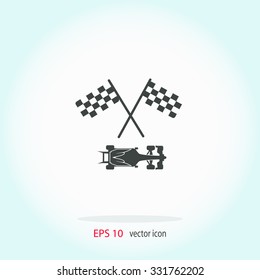 Racing car with checker flag vector icon.