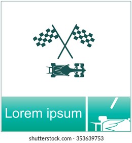 Racing car with checker flag vector icon.