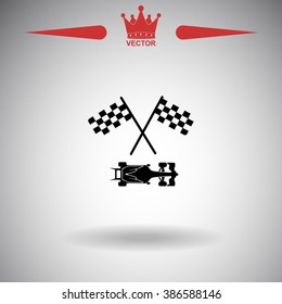 Racing car with checker flag vector icon.