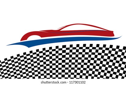 Racing car with Checkered flags. Racetrack background design, vector. Isolated on white
