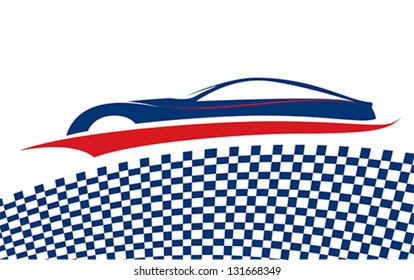 Racing car with Checkered flags. Racetrack background design, vector. Isolated on white