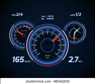 Racing Car Computer And App Smartphone Game Dashboard With Speedometer And Gps. Vector Illustration