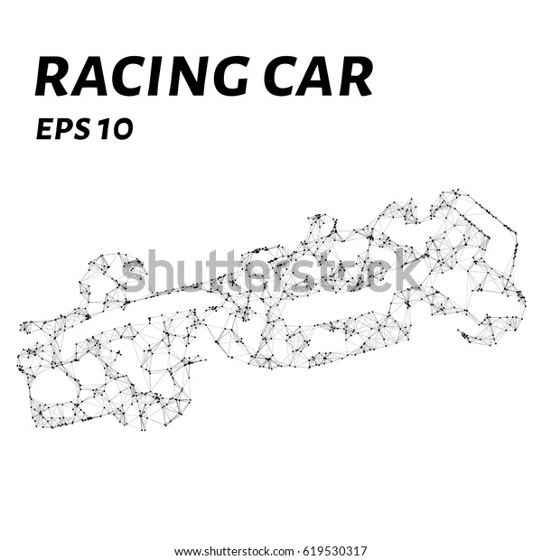 Racing car consists of points, lines and\
triangles. The polygon shape in the form of a silhouette racing car\
on a white background. Vector\
illustration.