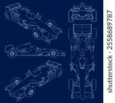 Racing car contour set in the vector. Formula 1. Blue outline on blue background. 3D.