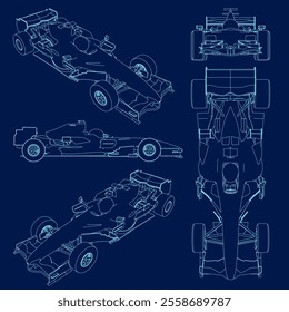 Racing car contour set in the vector. Formula 1. Blue outline on blue background. 3D.