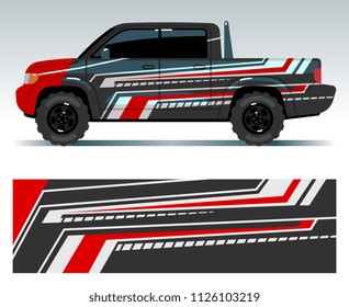 Racing car design. Vehicle wrap vinyl graphics with stripes vector illustration. Car race ready vinyl sticker stripe