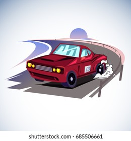 Racing car drif on the road with beach and sunset background - vector illustration