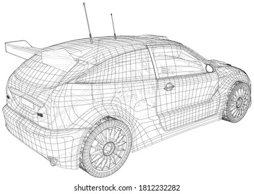 Racing car and drift car. Isolated wire-frame line on background. Vector rendering of 3d.