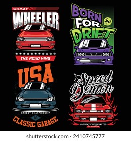 juego de vectores de automóviles de carreras de camisetas de deriva de autos