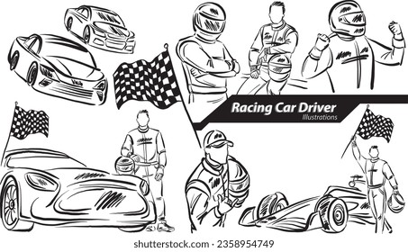 racing car driver career profession work doodle design drawing vector illustration Adlı Stok Vektör