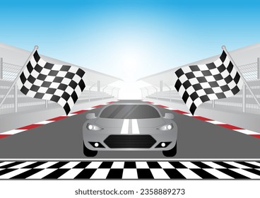 Racing Car Driving on Racing Track. Sport Racing Track With Stadium. Race Track Road. Vector Illustration.	