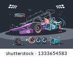 Racing car of F1 vector illustration. Detailed colorful supercar flat style concept. High speed sports vehicles competition. Formula bolide diagnostic in workshop before race