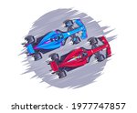 Racing car of F1 vector illustration. Speed racing. Modern fast sports cars. Sports cars are competing. Bolides overtaking each other in the race. Royal sport. Blue and red car racing.