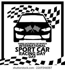 Un coche de carreras con bandera de carreras y texto en negrita en un marco sobre fondo blanco para conmemorar el Día Internacional de Carreras de Autos Deportivos el tercer sábado de marzo