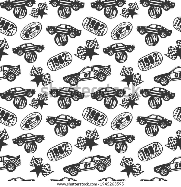 Racing car and flag seamless vector pattern\
design isolated in white\
background.