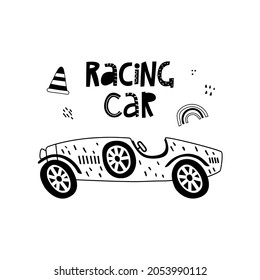 Racing car handwritten text and cartoon car with abstract shapes. Outline hand drawing. Perfect for t-shirt, apparel, cards, poster, nursery. Isolated on white background