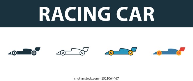 Racing Car Icon Set. Four Elements In Diferent Styles From Sport Equipment Icons Collection. Creative Racing Car Icons Filled, Outline, Colored And Flat Symbols.