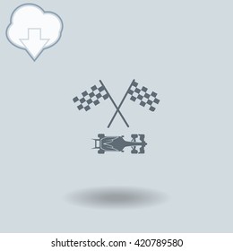Racing car icon with shadow. Cloud of download with arrow.