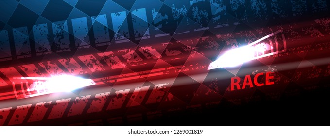 Racing car light in motion with checkered vector background