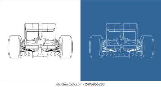 Dibujo de la línea del arte del coche de carreras del modelo del alambre de la vista posterior. aislado en fondo transparente 