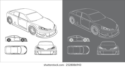 Racing car line art draw blueprint wireframe from all view top corner side back isolated in transparent background 