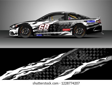 Racing car livery design vector. Graphic abstract stripe racing background kit designs.