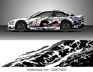 Racing car livery design vector. Graphic abstract stripe racing background kit designs.