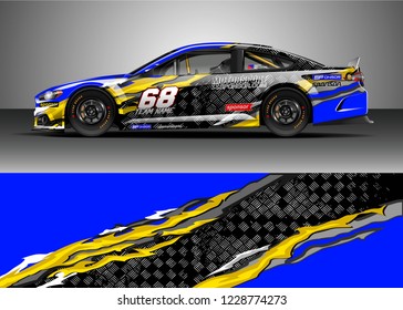 Racing car livery design vector. Graphic abstract stripe racing background kit designs.