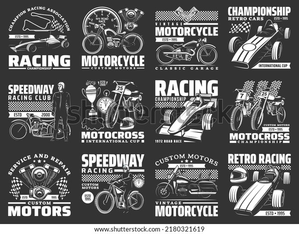 Racing car, motorcycle, bike and kart monochrome\
icons of vector auto race sport, motocross and rally. Racing flag,\
vehicle, course and open wheel car, speed competition trophy cup,\
racer and helmet