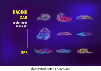 Racing car neon signs set. Fast sport cars in motions, moving, drifting, competition. Night bright advertising. Vector illustration in neon style for banner, poster, flyer design
