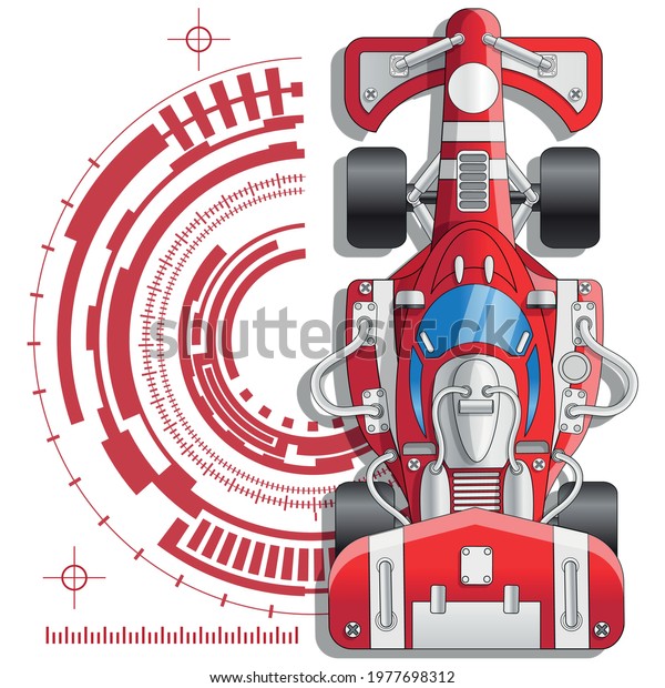 Racing car on an abstract technological background. View\
from above. Isolated on white background. Vector illustration.\
