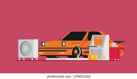 Racing car on dyno stand. Flat vector.
