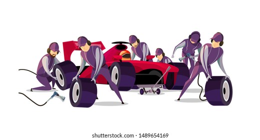 Racing car on pit stop flat vector illustration. Professional mechanics and racer cartoon characters. Engineers team in uniform changing wheels, tires. Auto maintenance service, quick repair