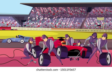 Racing car on pit stop flat vector illustration. Professional mechanics and racer cartoon characters. Engineers team in uniform changing wheels, tires. Auto maintenance service, quick repair