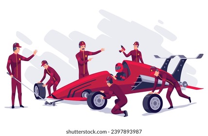 Racing car on pit stop flat vector illustration. Professional mechanics and racer cartoon characters. Engineers team in uniform changing wheels, tires. Auto maintenance service, quick repair