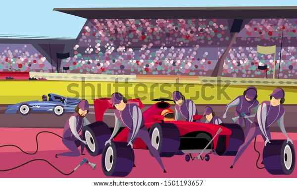 Racing car on pit stop flat vector illustration.\
Professional mechanics and racer cartoon characters. Engineers team\
in uniform changing wheels, tires. Auto maintenance service, quick\
repair