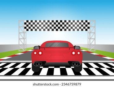 Racing Car on Racing Track Driving to Finish Point. Racing track with Racing Car.  Race track road. Vector Illustration.	