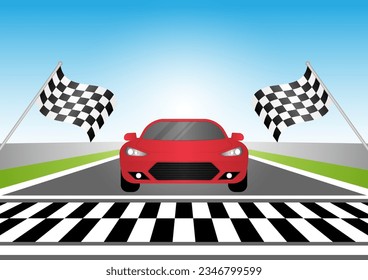 Racing Car on Racing Track Driving to Finish Point. Racing track with Racing Car. Race track road. Vector Illustration.