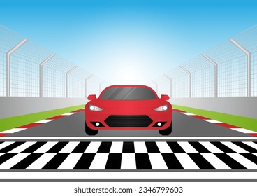 Racing Car on Racing Track Driving to Finish Point. Racing track with Racing Car. Race track road. Vector Illustration.