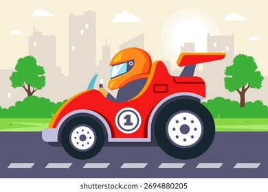 Coche de carreras en la pista. Ilustración plana