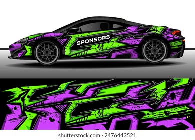 Racing car packaging design vector. Graphic abstract racing background design for cars, race cars, rally, adventure. Purple and green stripes on a black background for a car vinyl decal. 