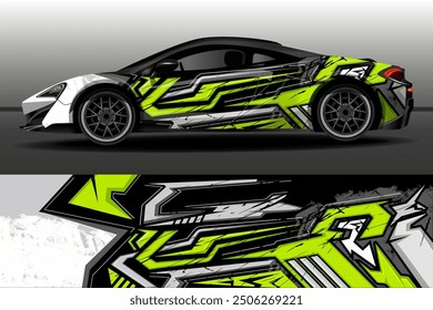 
Racing car packaging design vector. Design of car stickers. Modern Racing car wrap livery design vector eps 10 decal printable file fit ready print. Car design development for the company. 