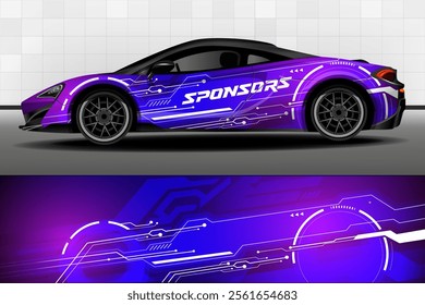 Racing car packaging design vector. Design of car stickers. Technological  neon background with white circuit for racing livery or daily use car vinyl decal. Car design development for the company.
