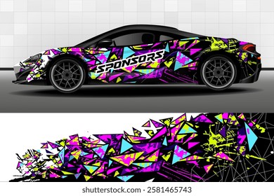 Racing car packaging design vector. Design of car stickers. Geometric polygonal abstract background for racing livery or daily use car vinyl decal. Car design development for the company.